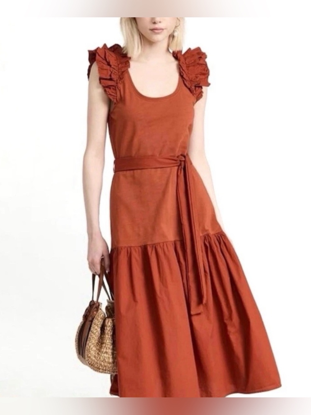 Nation Ltd Womens Ruffle Sleeve Midi Dress in Rust Midi NWOT Cotton Stretch